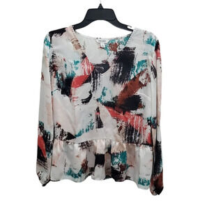 Nine West Womens White Abstract Artistic Splatter Long Sleeve Satin Peplum Top M